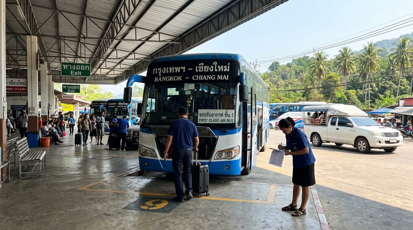 Bus pour Rayong au terminal Ekkamai de Bangkok, voyageurs chargeant leurs bagages