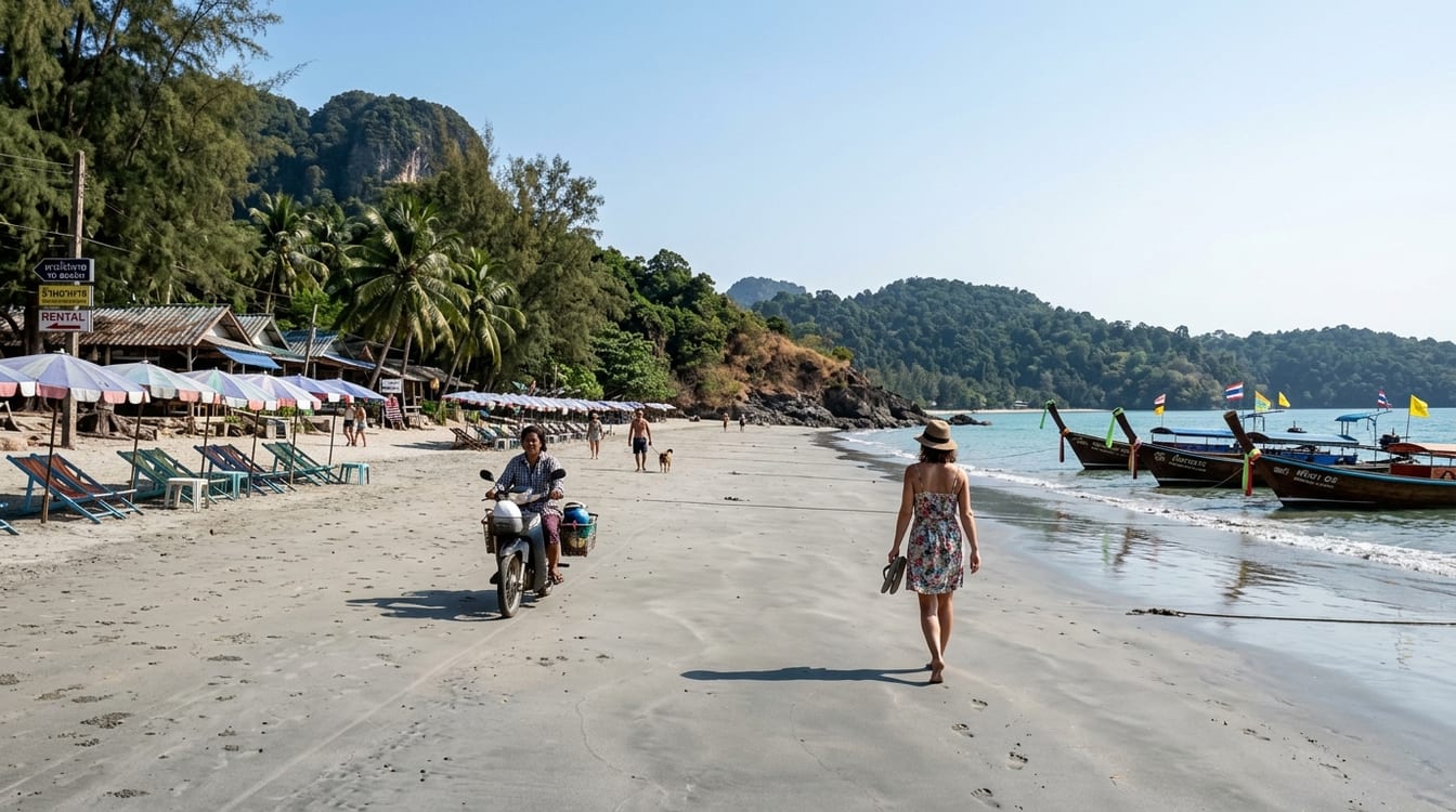 Plage de Mae Ramphueng à Rayong, sable gris et pins en arrière-plan