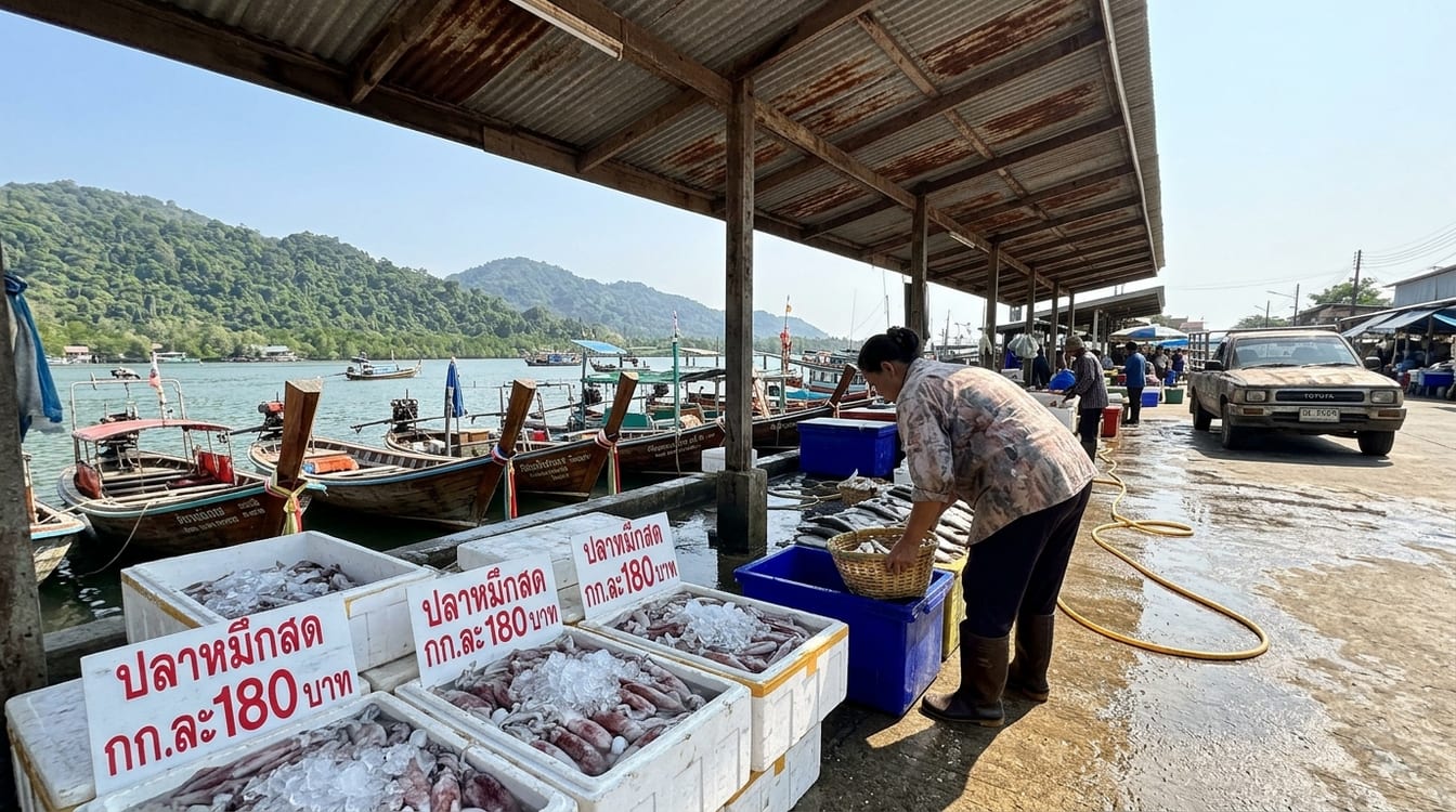 Marché au poisson du port de Ban Phe à Rayong, étals de fruits de mer