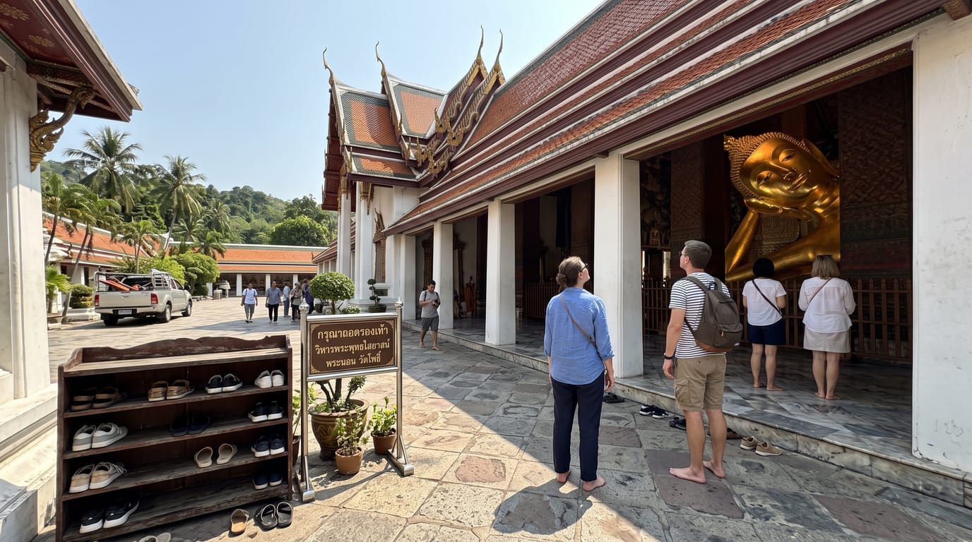 Visiter le Wat Pho à Bangkok, le Bouddha couché doré vu depuis la cour du temple
