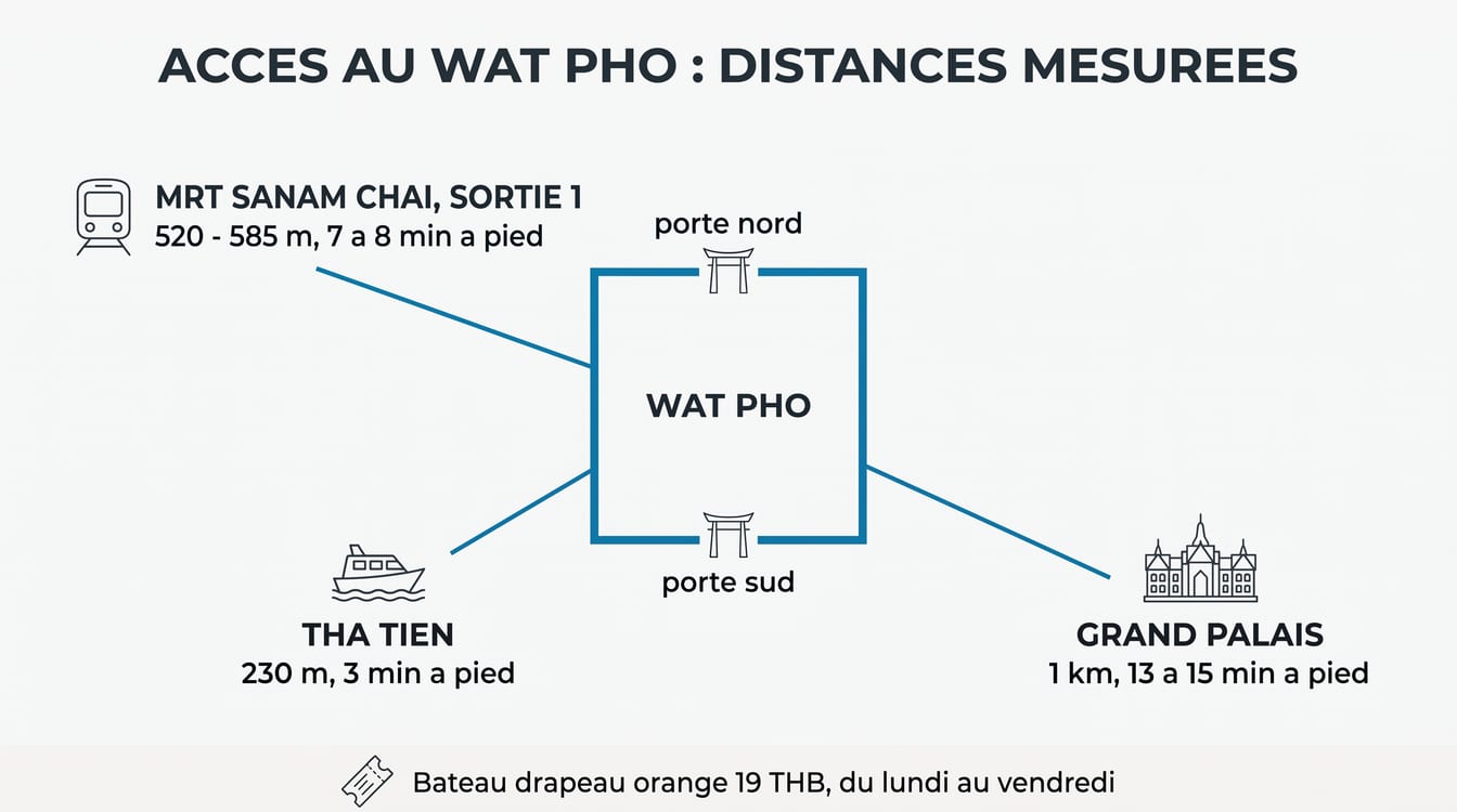 Plan du Wat Pho : accès depuis le MRT Sanam Chai, Tha Tien et le Grand Palais