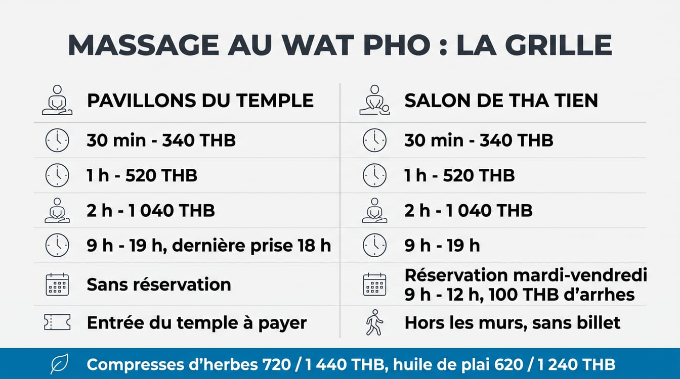 Grille des prix du massage au Wat Pho, pavillons du temple et salon de Tha Tien