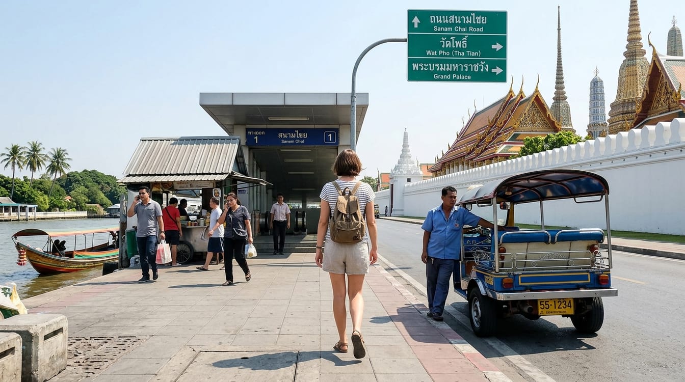 Sortie 1 du MRT Sanam Chai, le mur du Wat Pho et un tuk-tuk à l'arrêt
