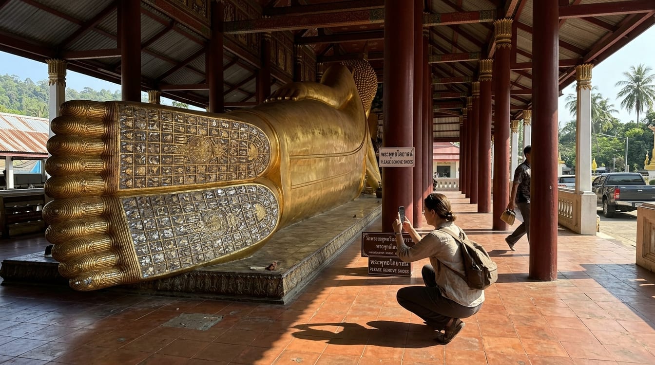 Bouddha couché du Wat Pho, un visiteur photographie les pieds incrustés de nacre