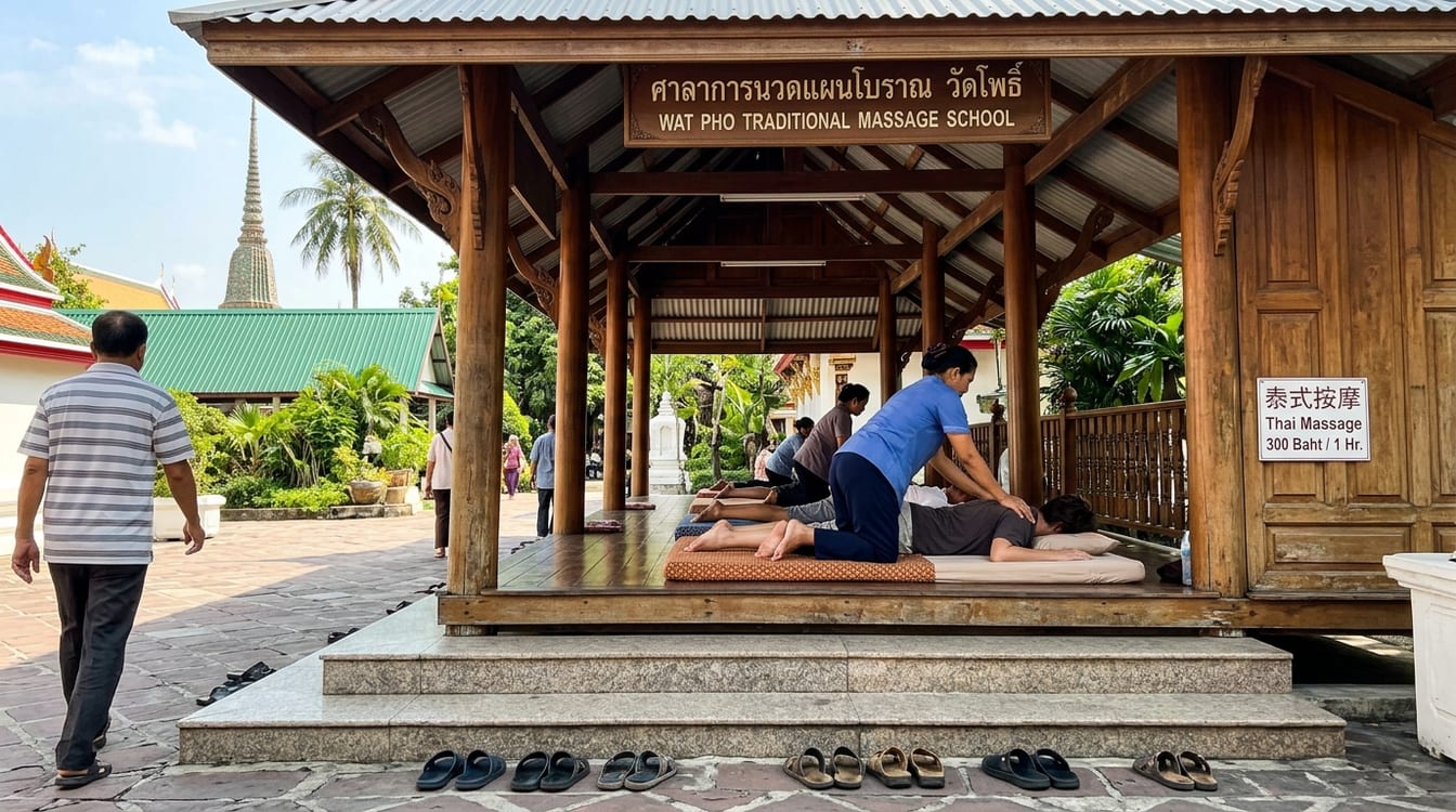 Pavillon de massage du Wat Pho, séance de nuad thai sur un matelas au sol