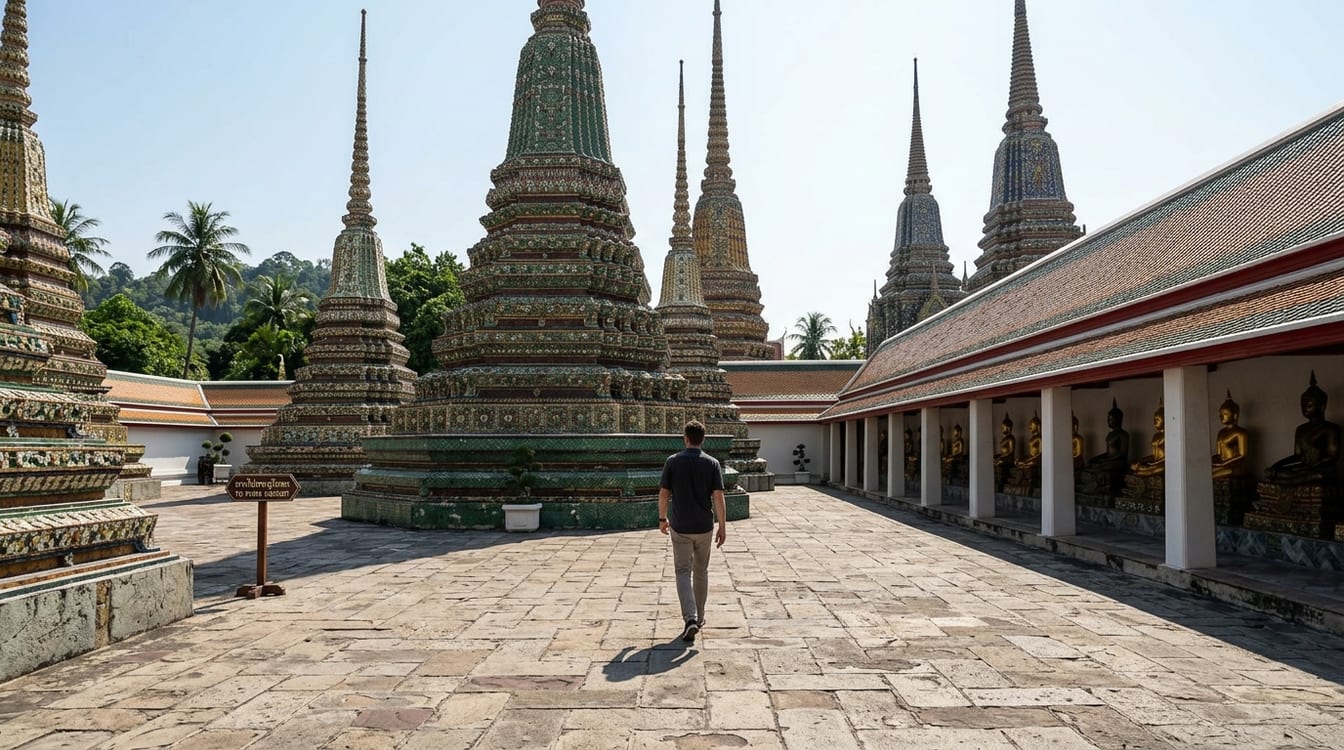 Les quatre grands chedis du Wat Pho dans une cour presque vide