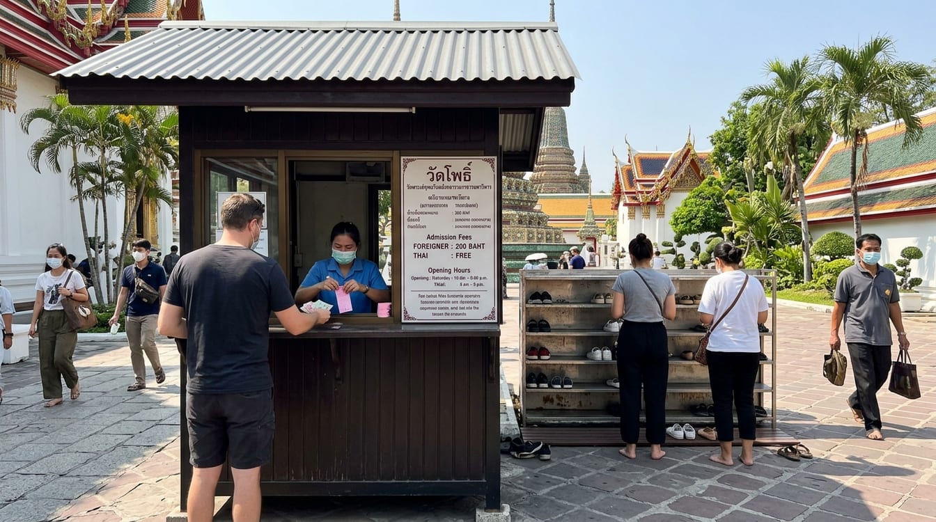 Guichet du Wat Pho à Bangkok, achat du billet d'entrée à 300 bahts