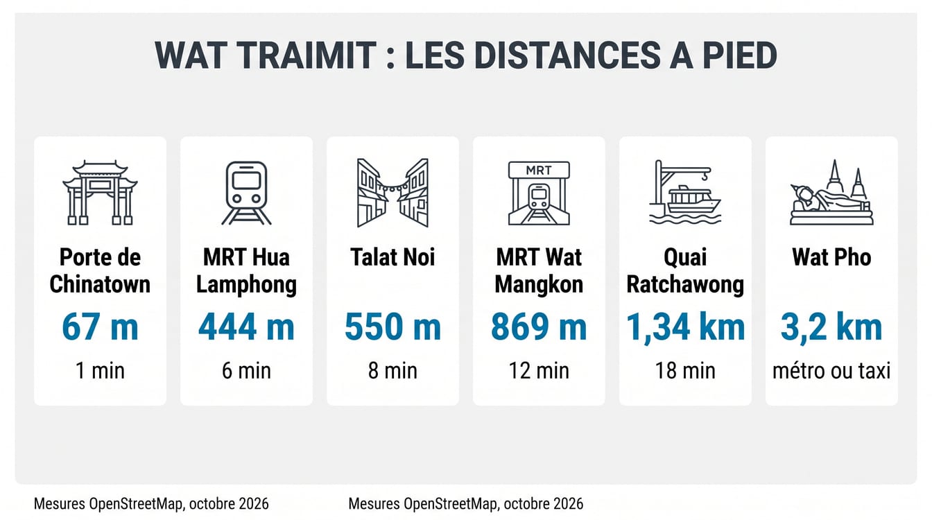 Distances à pied depuis le Wat Traimit vers le métro et Chinatown