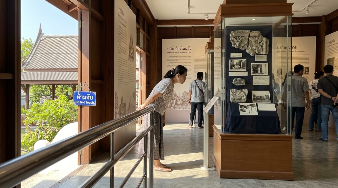 Exposition du Wat Traimit sur les niveaux du Phra Maha Mondop